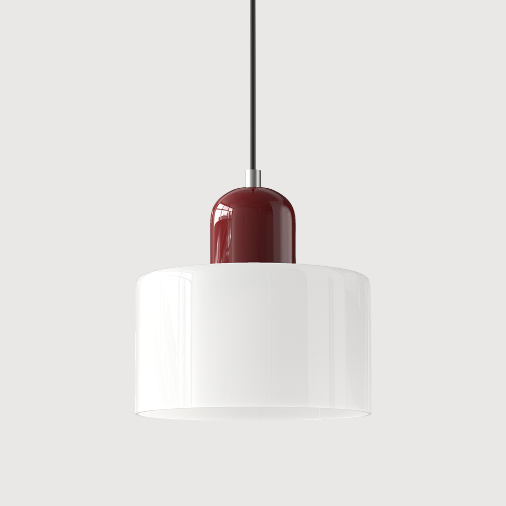 Pendellampe i mid-century-modern stil med to lag matteret glasskærm og varm, diffust lys