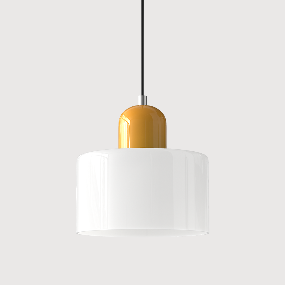Pendellampe i mid-century-modern stil med to lag matteret glasskærm og varm, diffust lys
