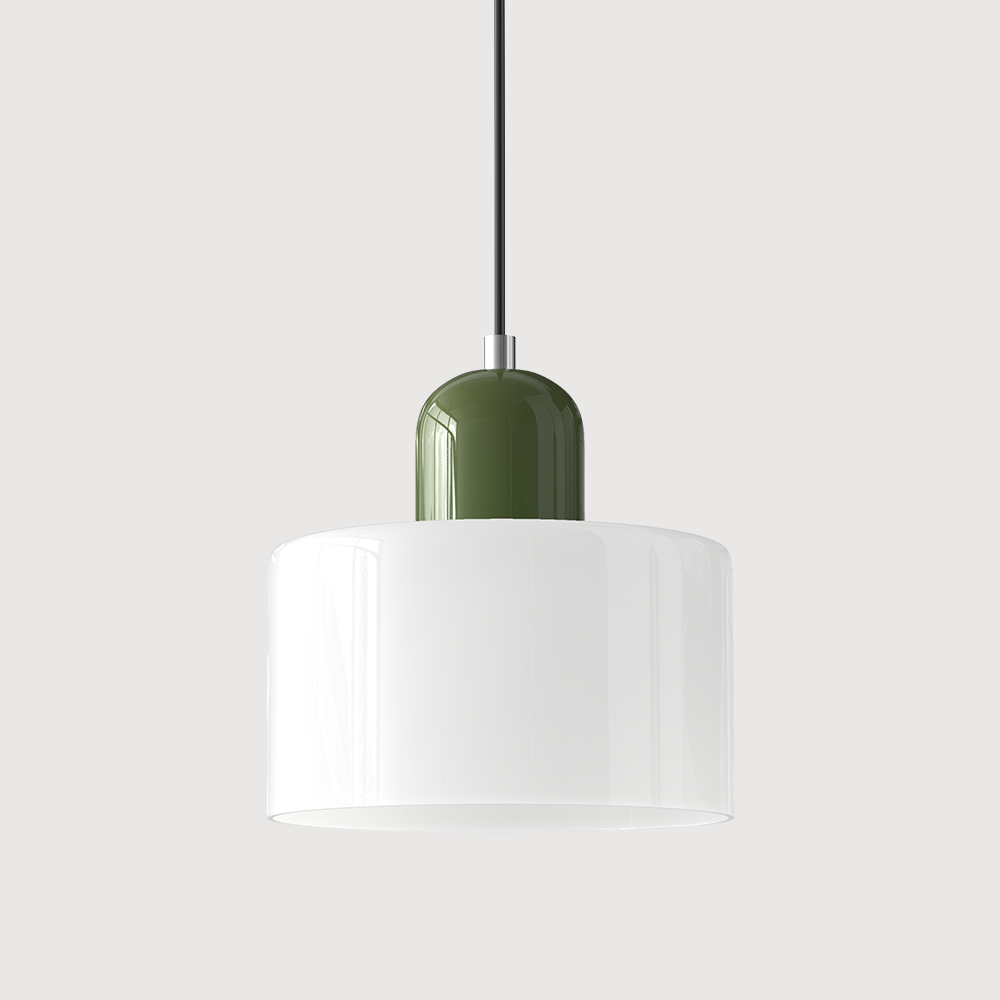 Pendellampe i mid-century-modern stil med to lag matteret glasskærm og varm, diffust lys