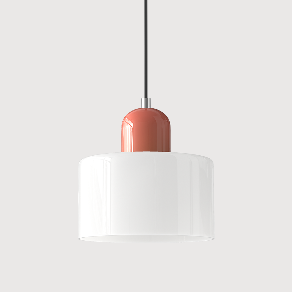 Pendellampe i mid-century-modern stil med to lag matteret glasskærm og varm, diffust lys