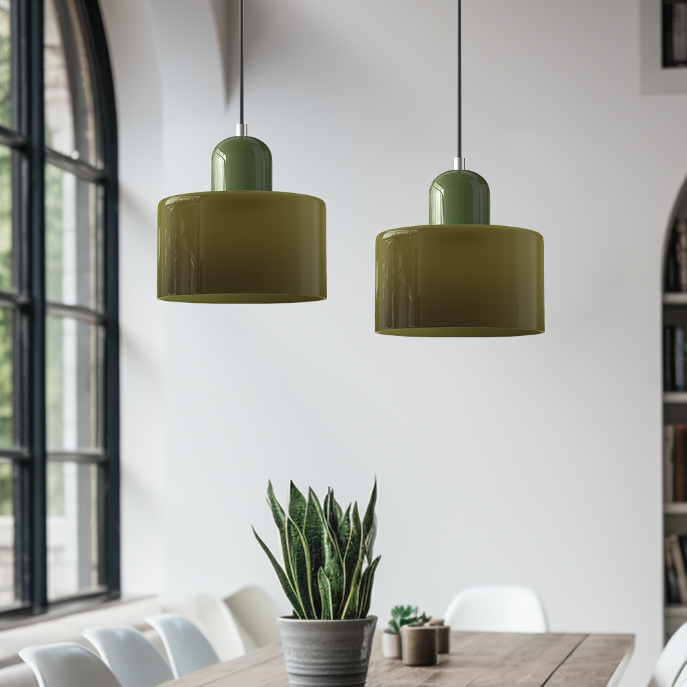 Nowoczesna lampa wisząca w stylu mid-century - dwupoziomowy klosz z matowego szkła, ciepłe białe rozproszone światło