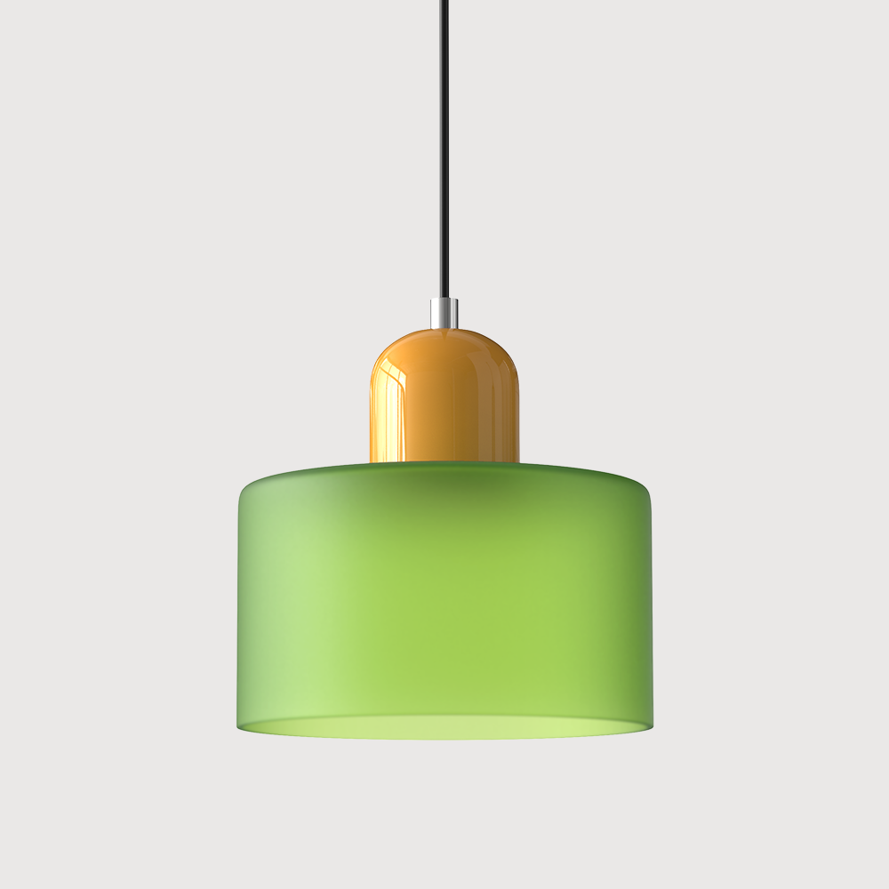Pendellampe i mid-century-modern stil med to lag matteret glasskærm og varm, diffust lys