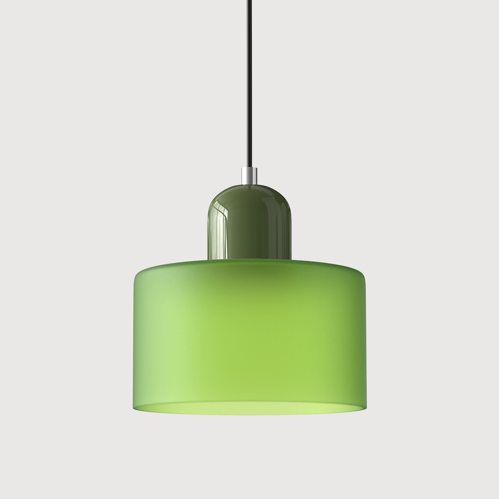 Pendellampe i mid-century-modern stil med to lag matteret glasskærm og varm, diffust lys