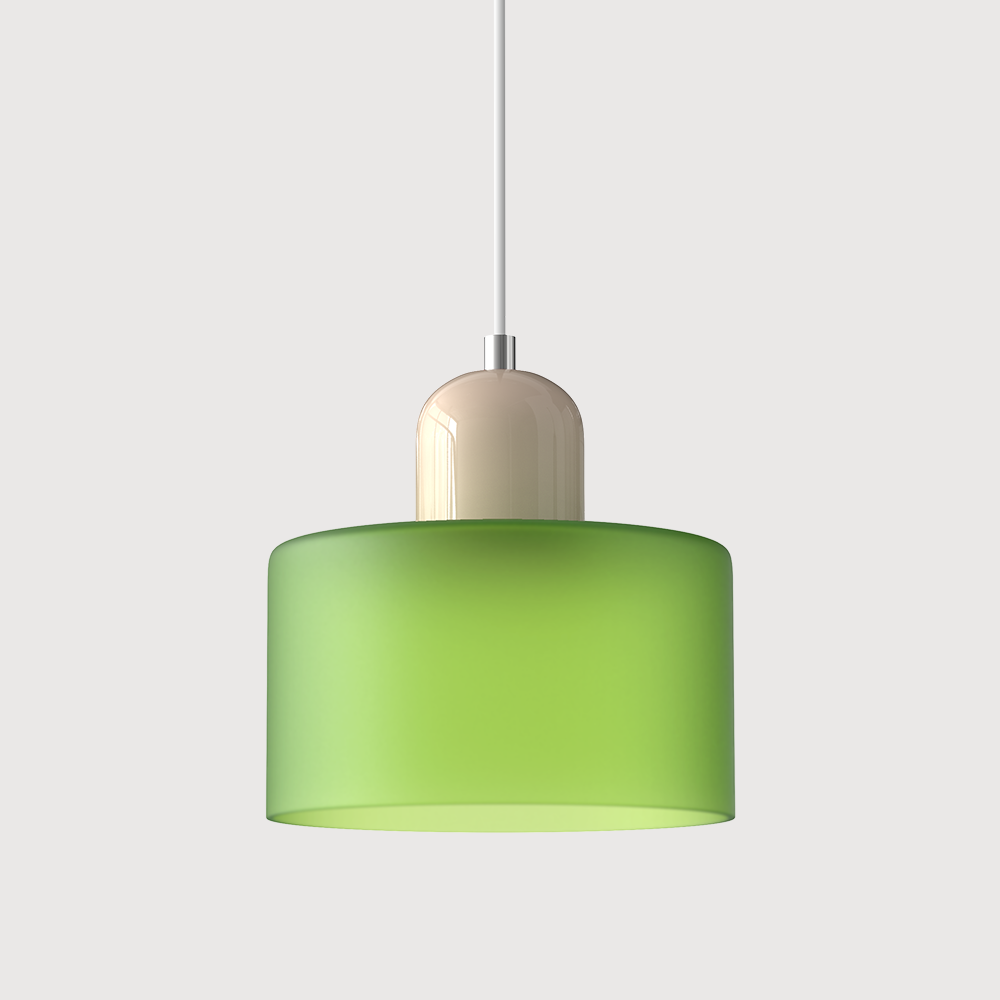 Pendellampe i mid-century-modern stil med to lag matteret glasskærm og varm, diffust lys