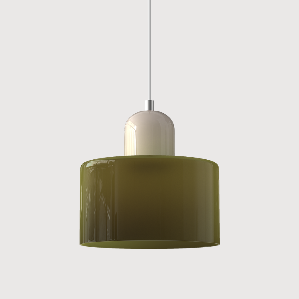 Nowoczesna lampa wisząca w stylu mid-century - dwupoziomowy klosz z matowego szkła, ciepłe białe rozproszone światło