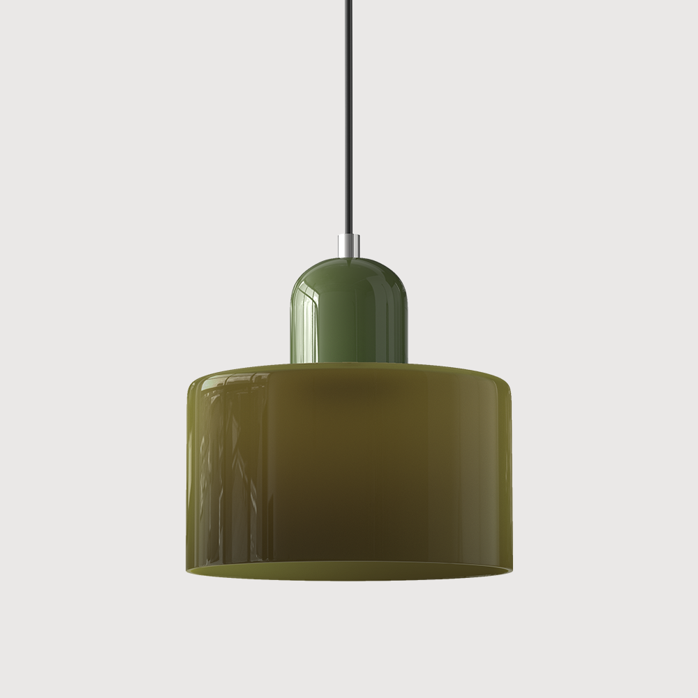 Pendellampe i mid-century-modern stil med to lag matteret glasskærm og varm, diffust lys