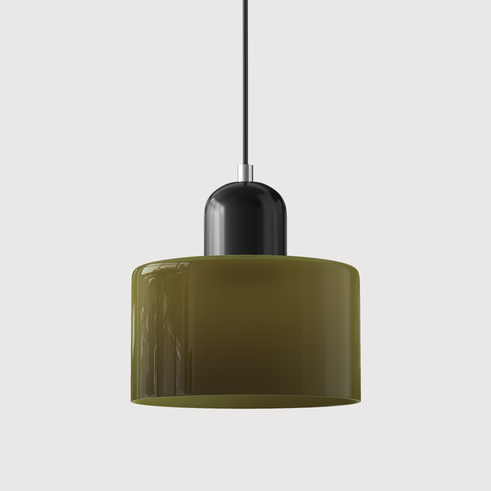 Pendellampe i mid-century-modern stil med to lag matteret glasskærm og varm, diffust lys