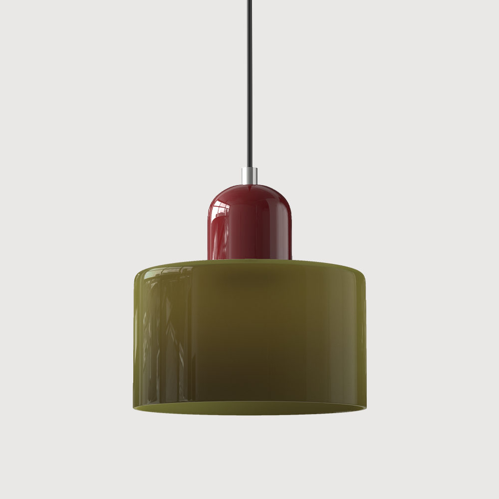 Pendellampe i mid-century-modern stil med to lag matteret glasskærm og varm, diffust lys