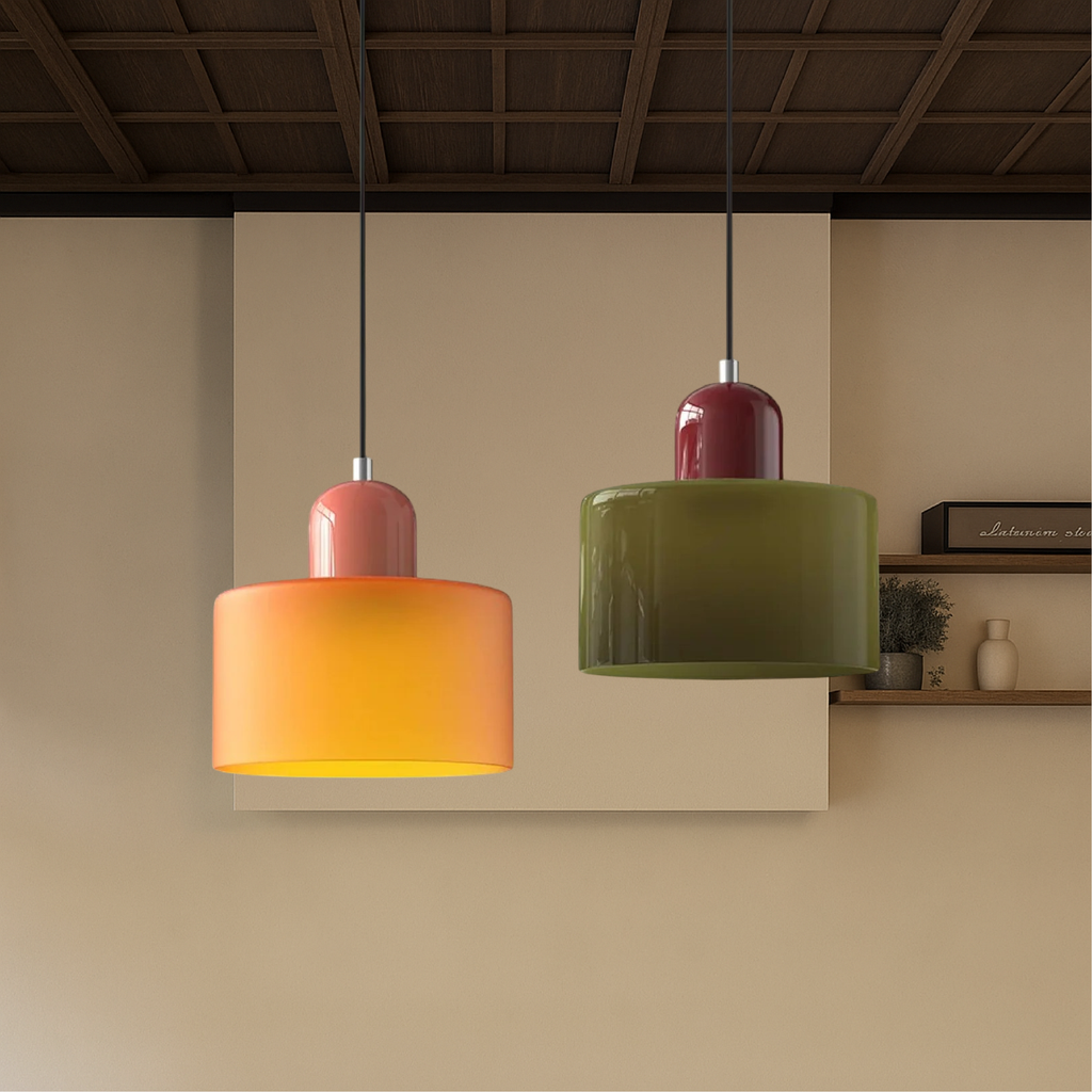 Nowoczesna lampa wisząca w stylu mid-century - dwupoziomowy klosz z matowego szkła, ciepłe białe rozproszone światło
