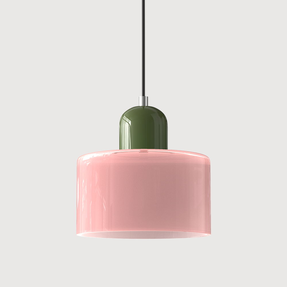 Pendellampe i mid-century-modern stil med to lag matteret glasskærm og varm, diffust lys