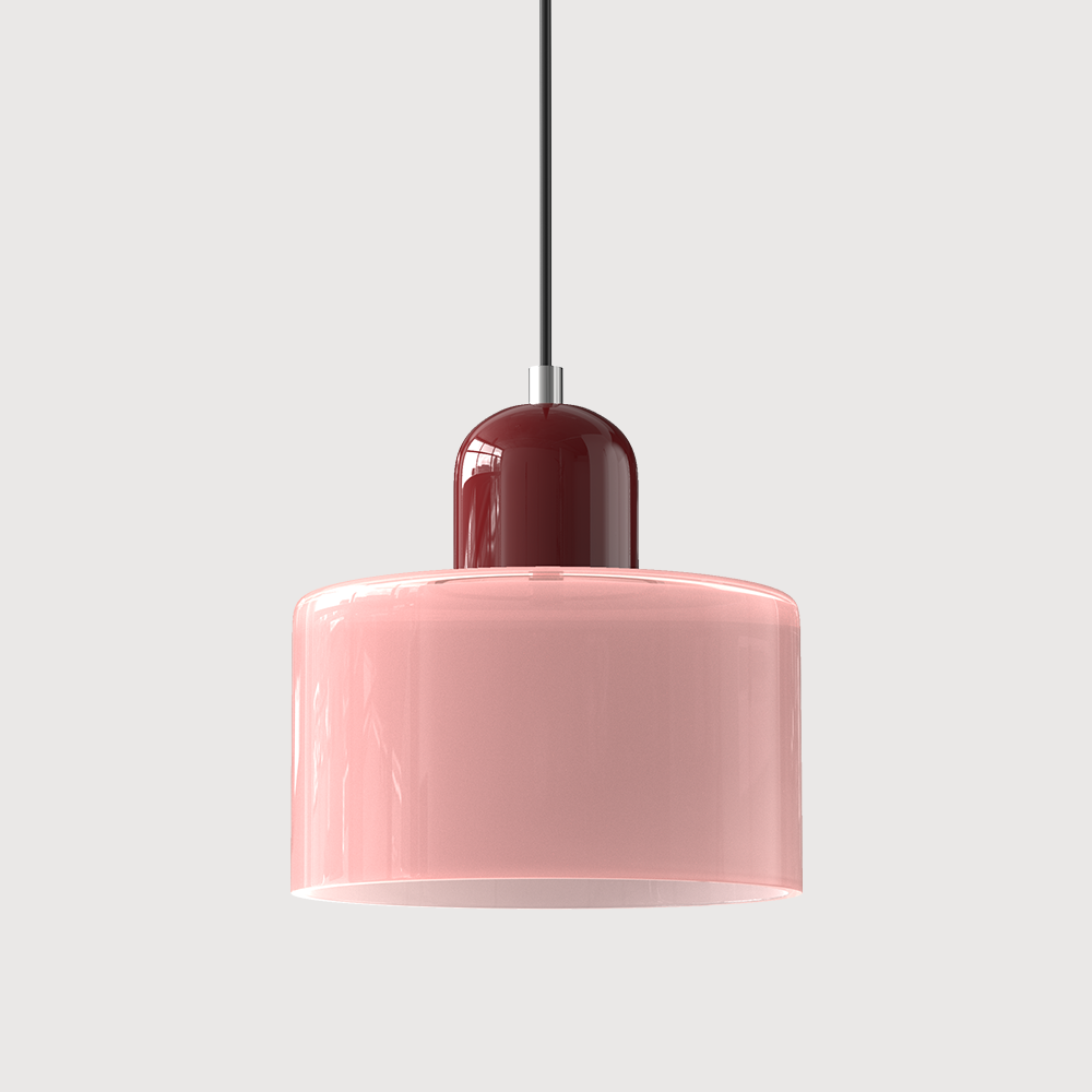 Pendellampe i mid-century-modern stil med to lag matteret glasskærm og varm, diffust lys