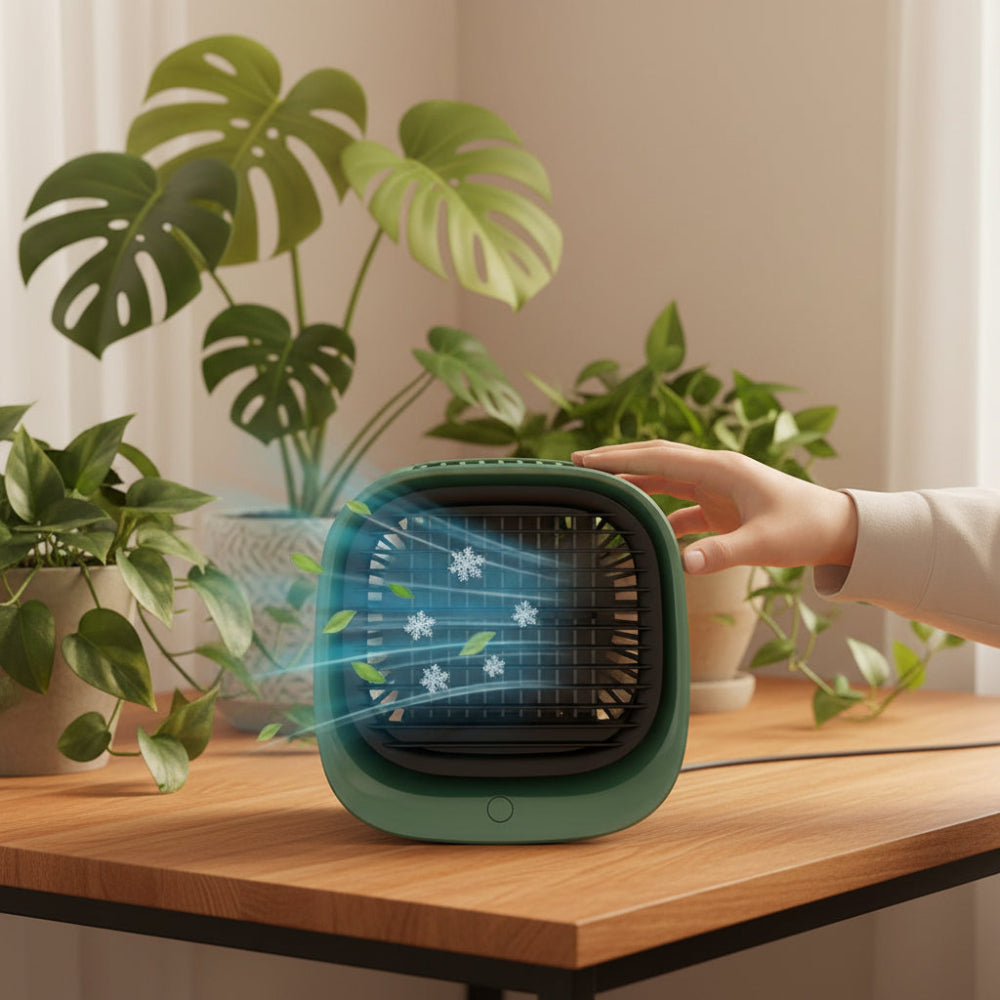 مروحة مبرد هواء شخصية محمولة بتصميم موفر للمساحة وتدفق هواء سريع لتبريد المكتب