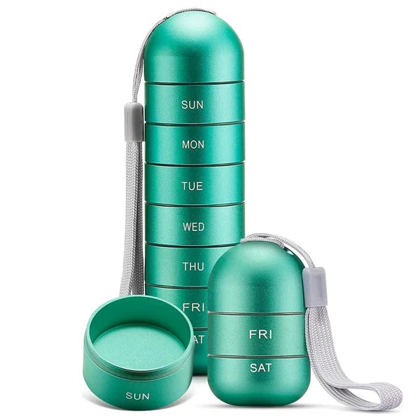 Portapillole settimanale da 7 giorni - Custodia impilabile in metallo, struttura portatile, guarnizioni in silicone e cordino