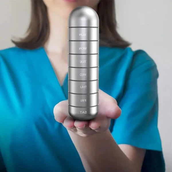 Portapillole settimanale da 7 giorni - Custodia impilabile in metallo, struttura portatile, guarnizioni in silicone e cordino