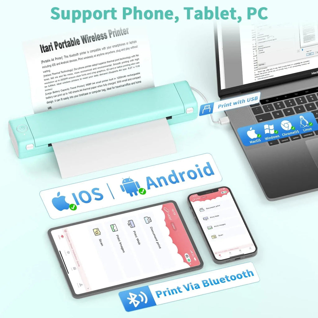 Portable Wireless Thermal Printer Bluetooth Usb Ready For A4 Smartphones