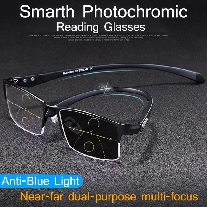 Progressive Multifocal Reading Glasses Metal Rimless Rectangular Blue Light Blocking