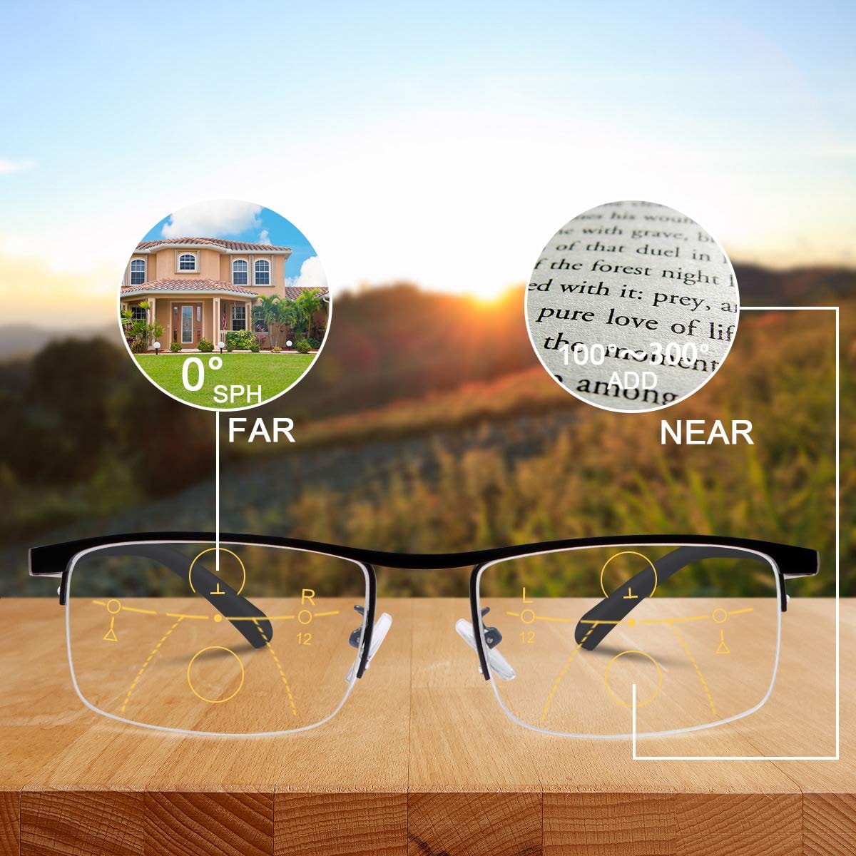 Progressive Multifocal Reading Glasses Metal Rimless Rectangular Blue Light Blocking