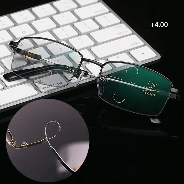 Progressive Multifocal Reading Glasses Metal Rimless Rectangular Blue Light Blocking