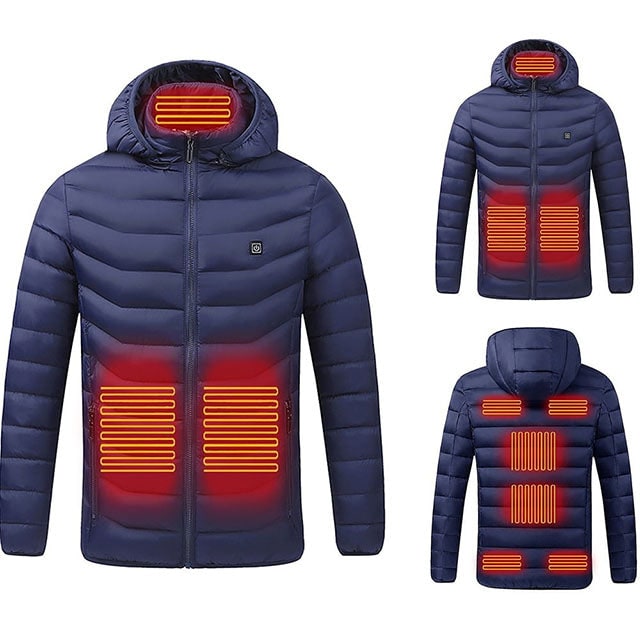 Puffer Style Heated Jacket, 9 Heating Zones, Attached Hood, Quilted Design