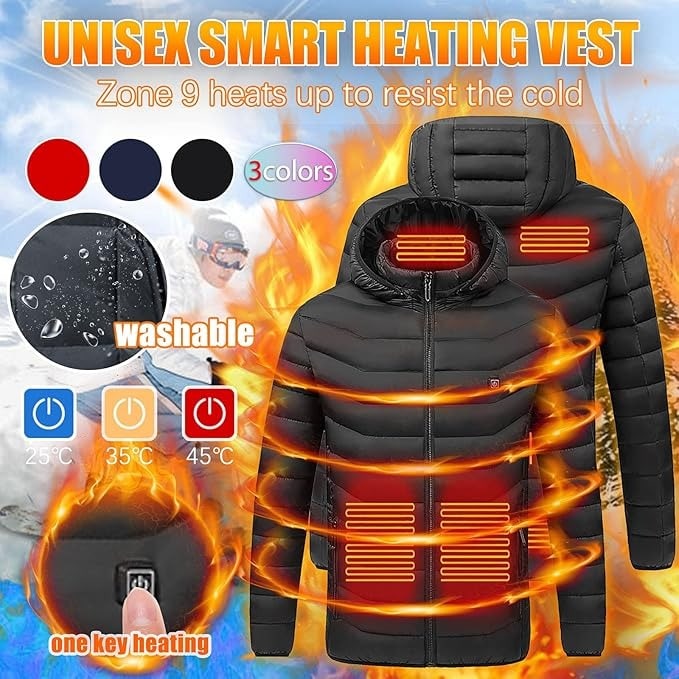 Puffer Style Heated Jacket, 9 Heating Zones, Attached Hood, Quilted Design
