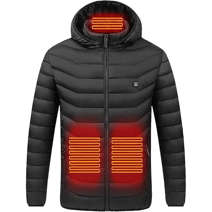 Puffer Style Heated Jacket, 9 Heating Zones, Attached Hood, Quilted Design