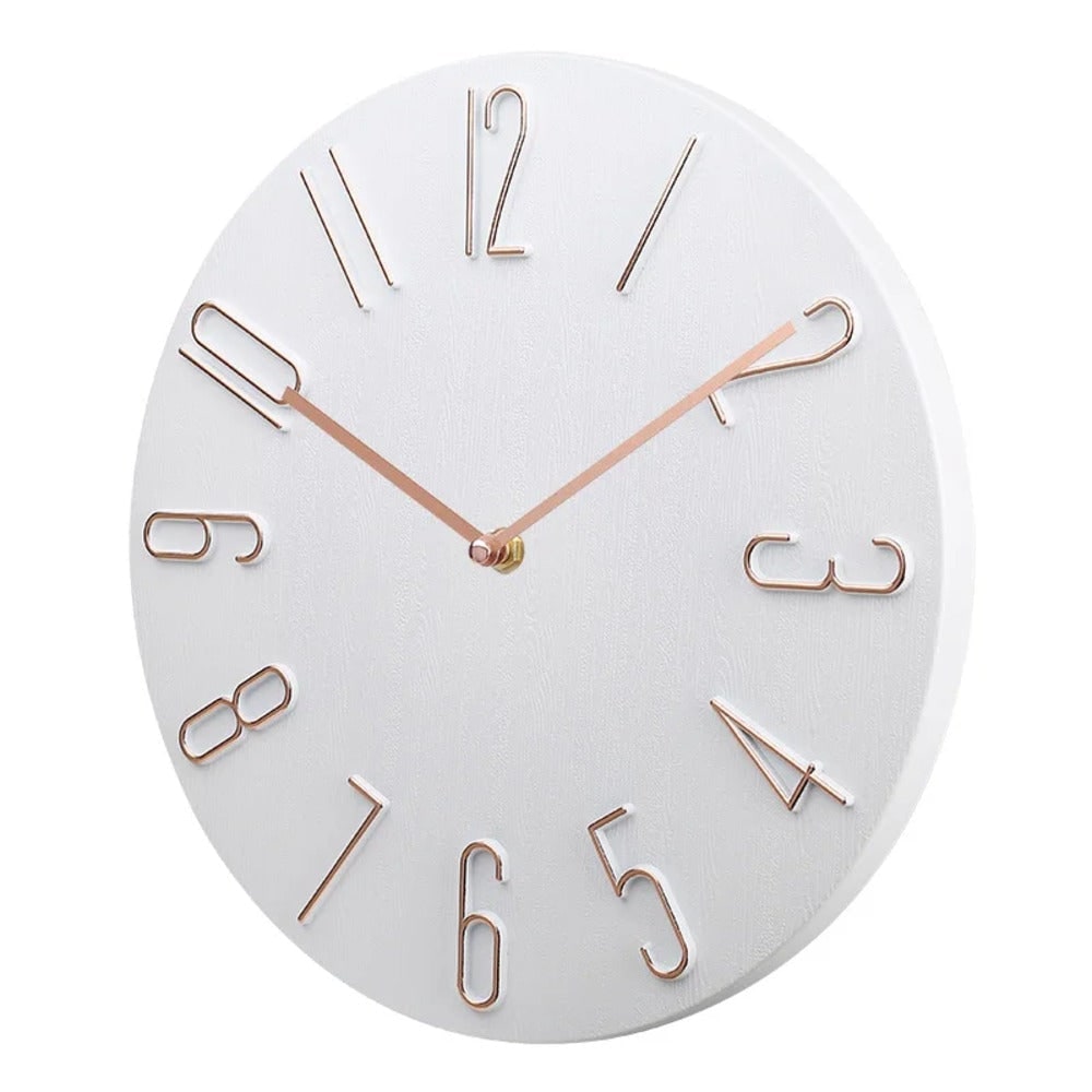 Modern Silent Round Wall Clock, Raised Wire Numbers, Wood Grain Dial