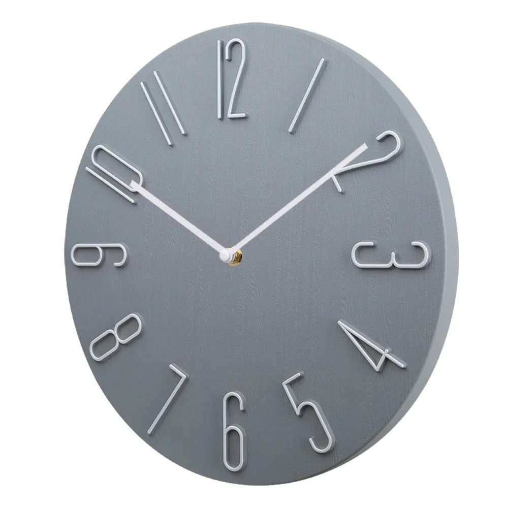 Modern Silent Round Wall Clock, Raised Wire Numbers, Wood Grain Dial