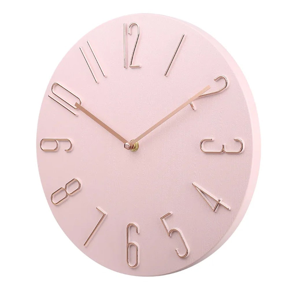 Modern Silent Round Wall Clock, Raised Wire Numbers, Wood Grain Dial