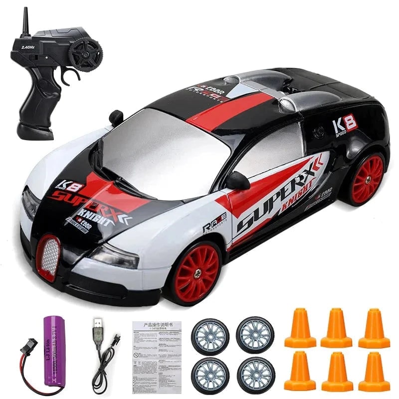 Mini Rechargeable RC Drift Car Pistol Grip Controller LED Headlights Spare Wheels Cones
