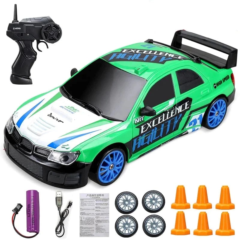 Mini Rechargeable RC Drift Car Pistol Grip Controller LED Headlights Spare Wheels Cones
