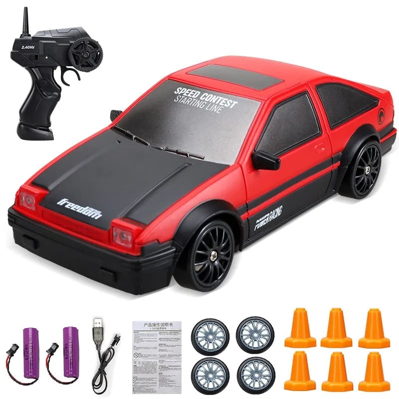Mini Rechargeable RC Drift Car Pistol Grip Controller LED Headlights Spare Wheels Cones