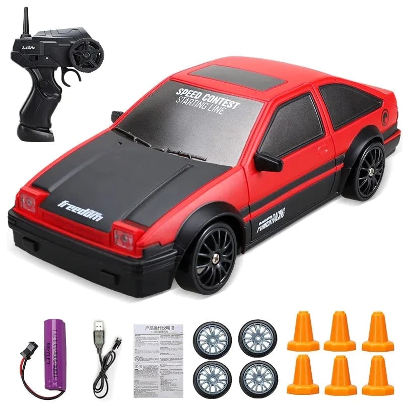 Mini Rechargeable RC Drift Car Pistol Grip Controller LED Headlights Spare Wheels Cones