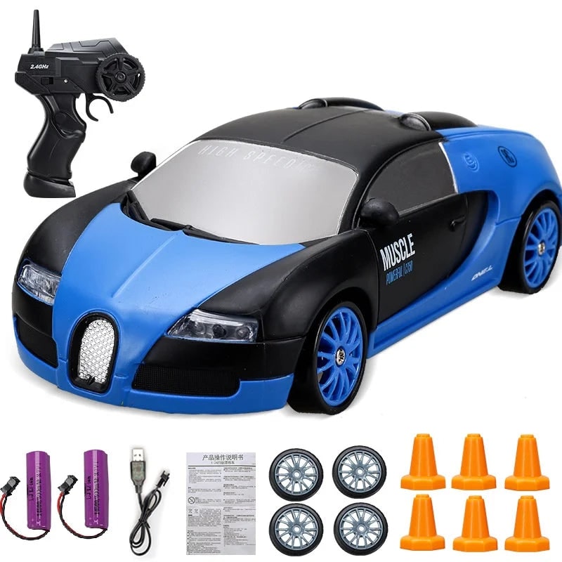 Mini carro RC de drift recarregável, comando tipo pistola, faróis LED, rodas suplentes e cones