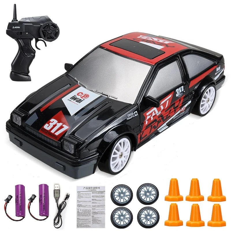 Mini Rechargeable RC Drift Car Pistol Grip Controller LED Headlights Spare Wheels Cones