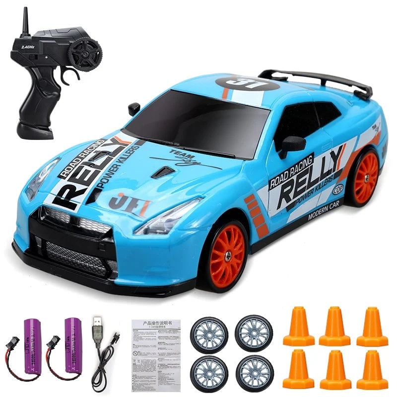Mini Rechargeable RC Drift Car Pistol Grip Controller LED Headlights Spare Wheels Cones