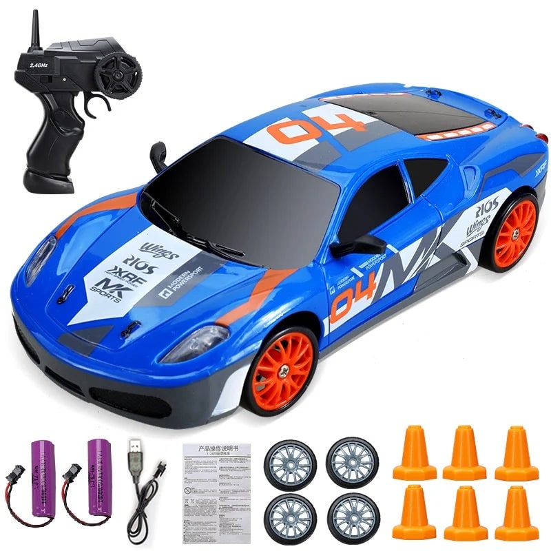 Mini Rechargeable RC Drift Car Pistol Grip Controller LED Headlights Spare Wheels Cones