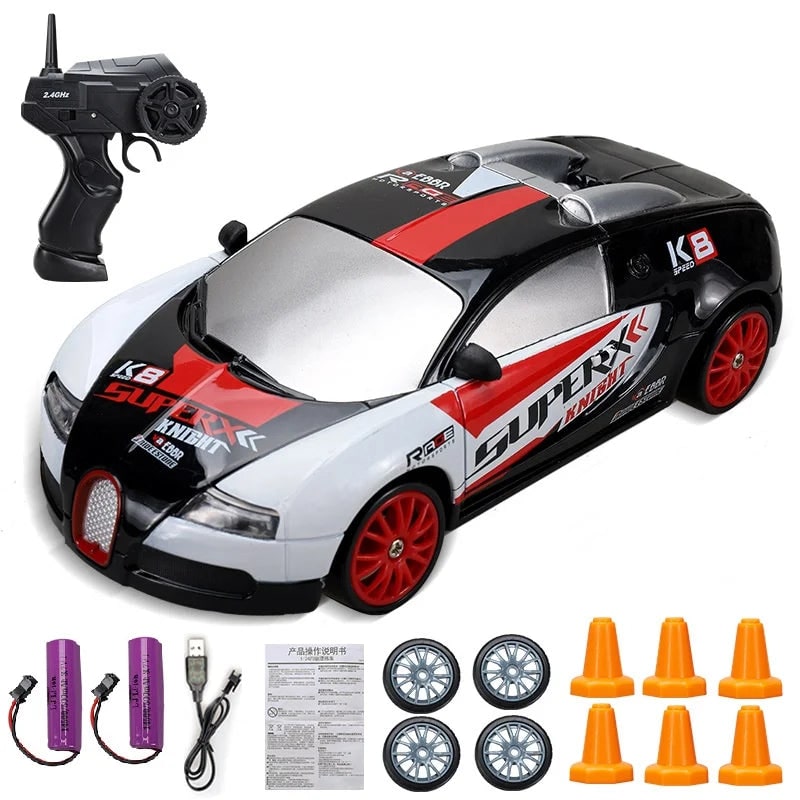 Mini Rechargeable RC Drift Car Pistol Grip Controller LED Headlights Spare Wheels Cones