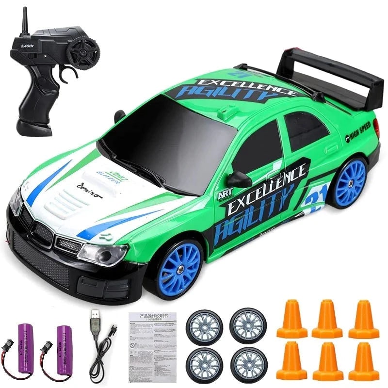 Mini Rechargeable RC Drift Car Pistol Grip Controller LED Headlights Spare Wheels Cones