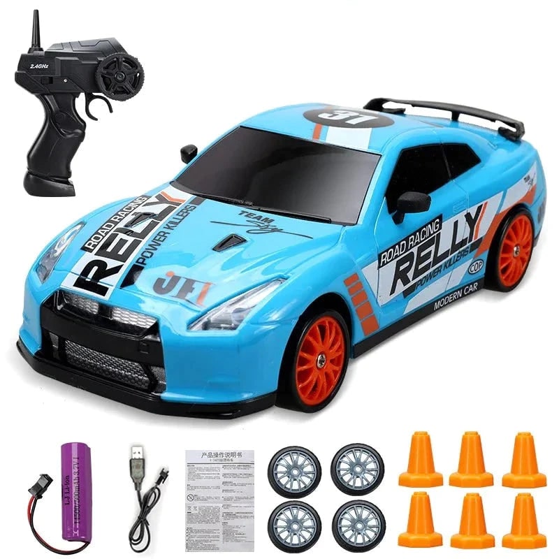 Mini Rechargeable RC Drift Car Pistol Grip Controller LED Headlights Spare Wheels Cones