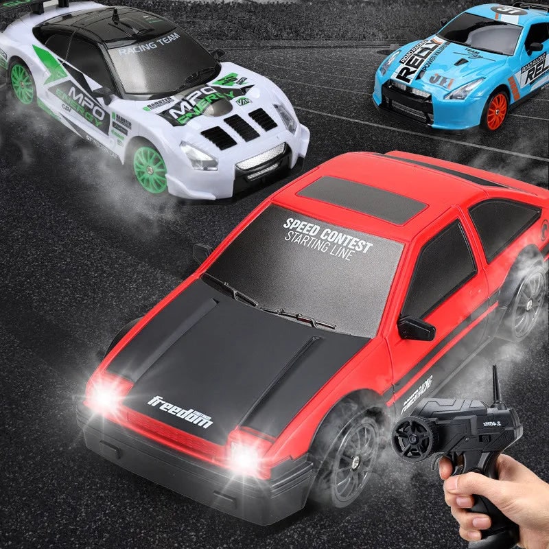Mini Rechargeable RC Drift Car Pistol Grip Controller LED Headlights Spare Wheels Cones