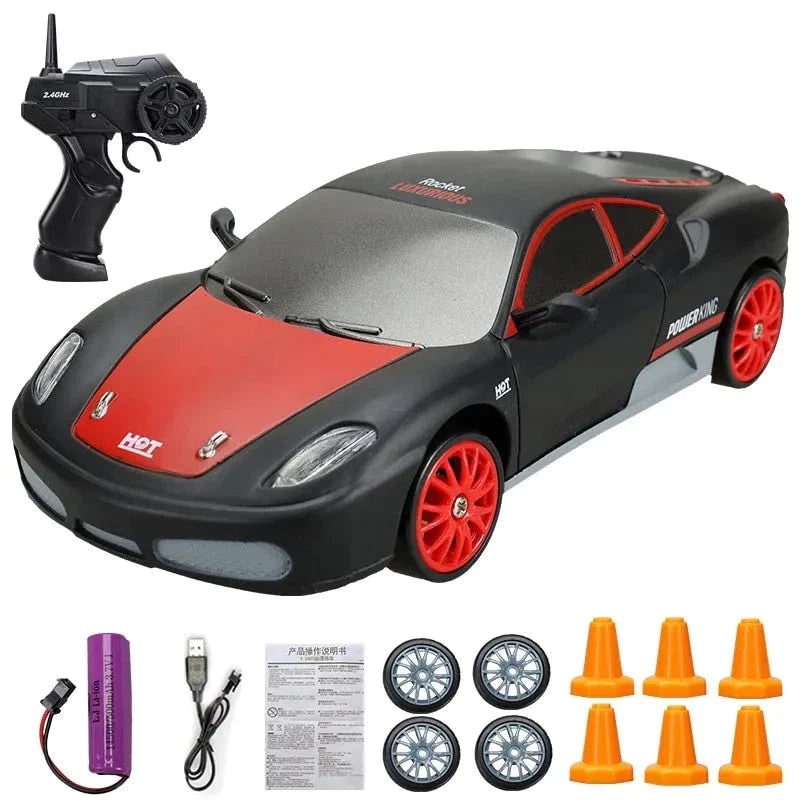 Mini Rechargeable RC Drift Car Pistol Grip Controller LED Headlights Spare Wheels Cones