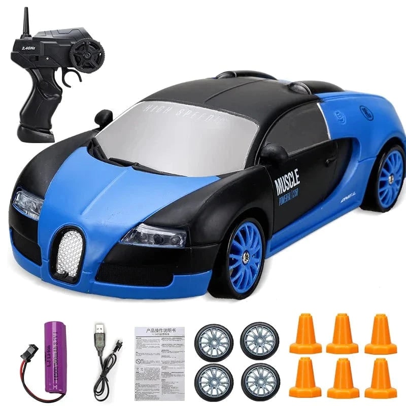 Mini carro RC de drift recarregável, comando tipo pistola, faróis LED, rodas suplentes e cones