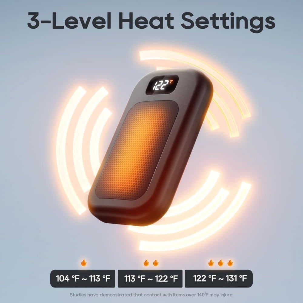 Scaldamani elettrici ricaricabili - display LED, tre livelli di calore, design riutilizzabile da tasca