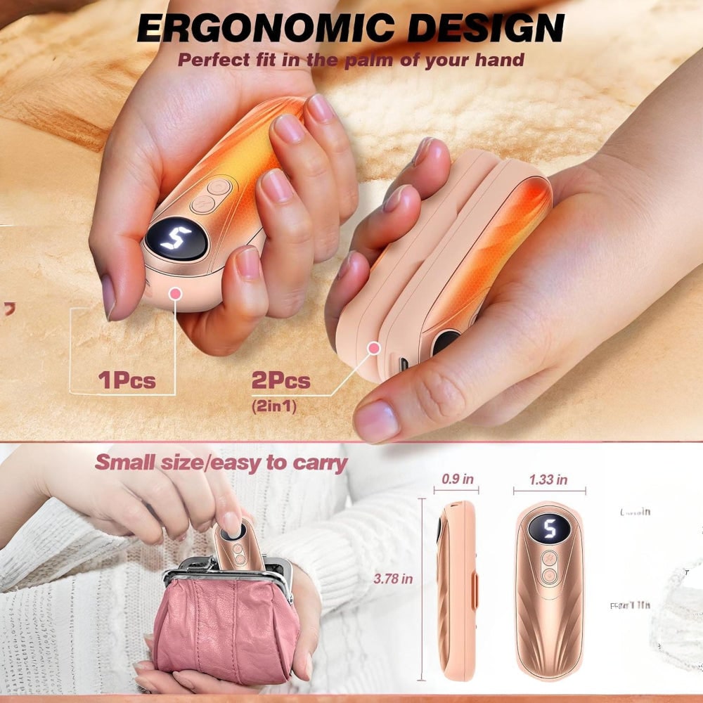 Chauffe-mains rechargeables, lot de 2 - affichage LED, design ergonomique, cinq réglages de chaleur ajustables