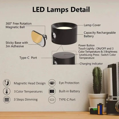 Wireless Rechargeable Wall Sconce — 360° Magnetic Mount, Outdoor LED Lighting