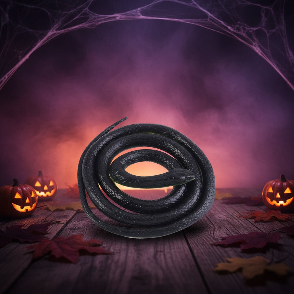 Halloweenový gumový had - žertovná hračka s realistickým šupinatým vzorem, tmavým hřbetem a světle žlutou spodní stranou