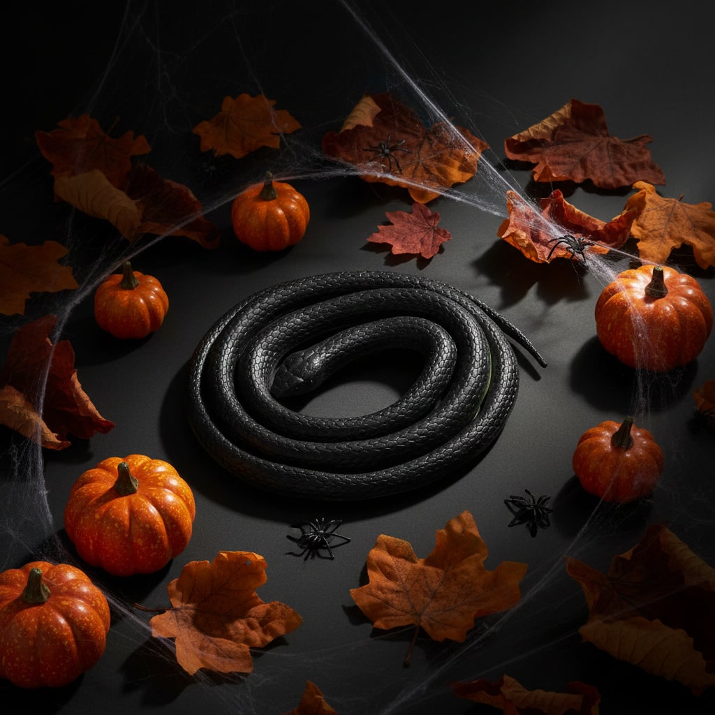 Halloweenový gumový had - žertovná hračka s realistickým šupinatým vzorem, tmavým hřbetem a světle žlutou spodní stranou