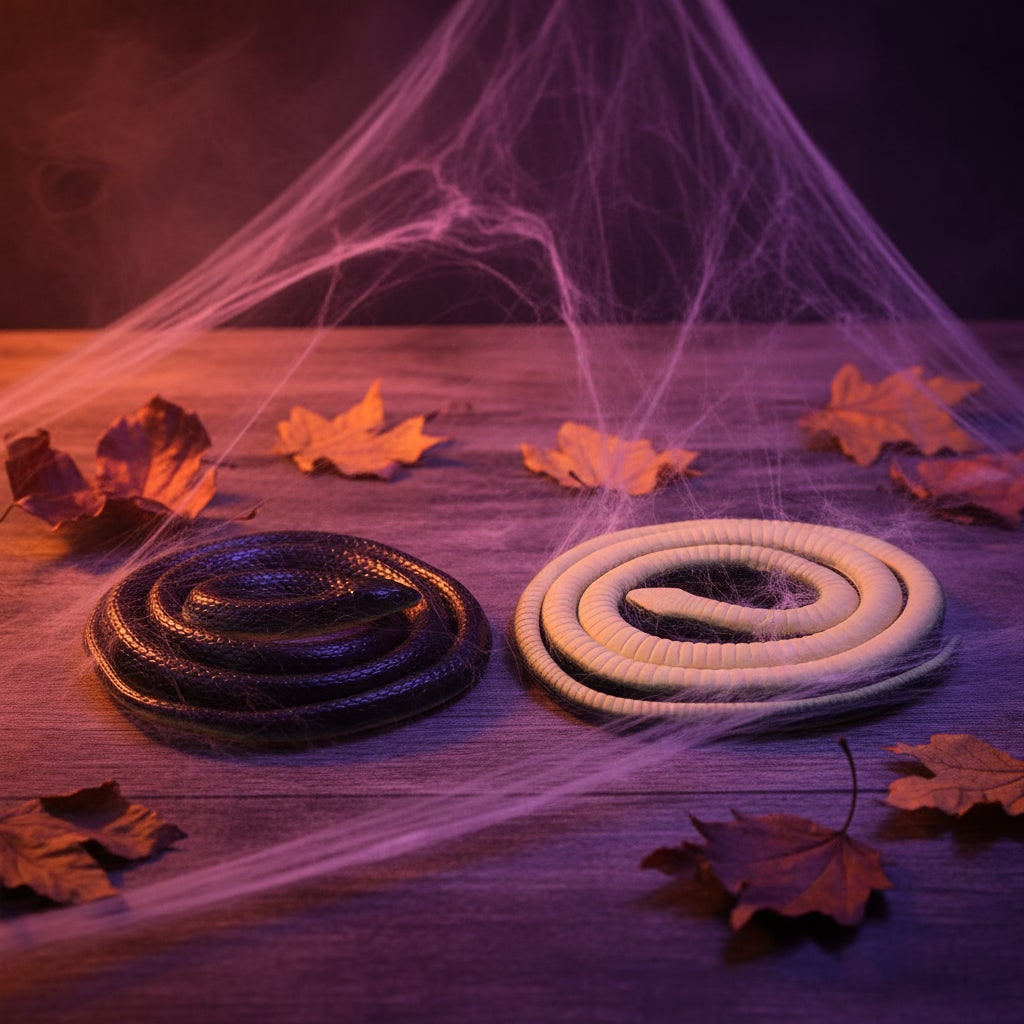 Halloweenový gumový had - žertovná hračka s realistickým šupinatým vzorem, tmavým hřbetem a světle žlutou spodní stranou