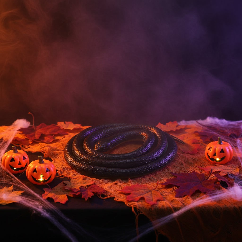 Halloweenový gumový had - žertovná hračka s realistickým šupinatým vzorem, tmavým hřbetem a světle žlutou spodní stranou