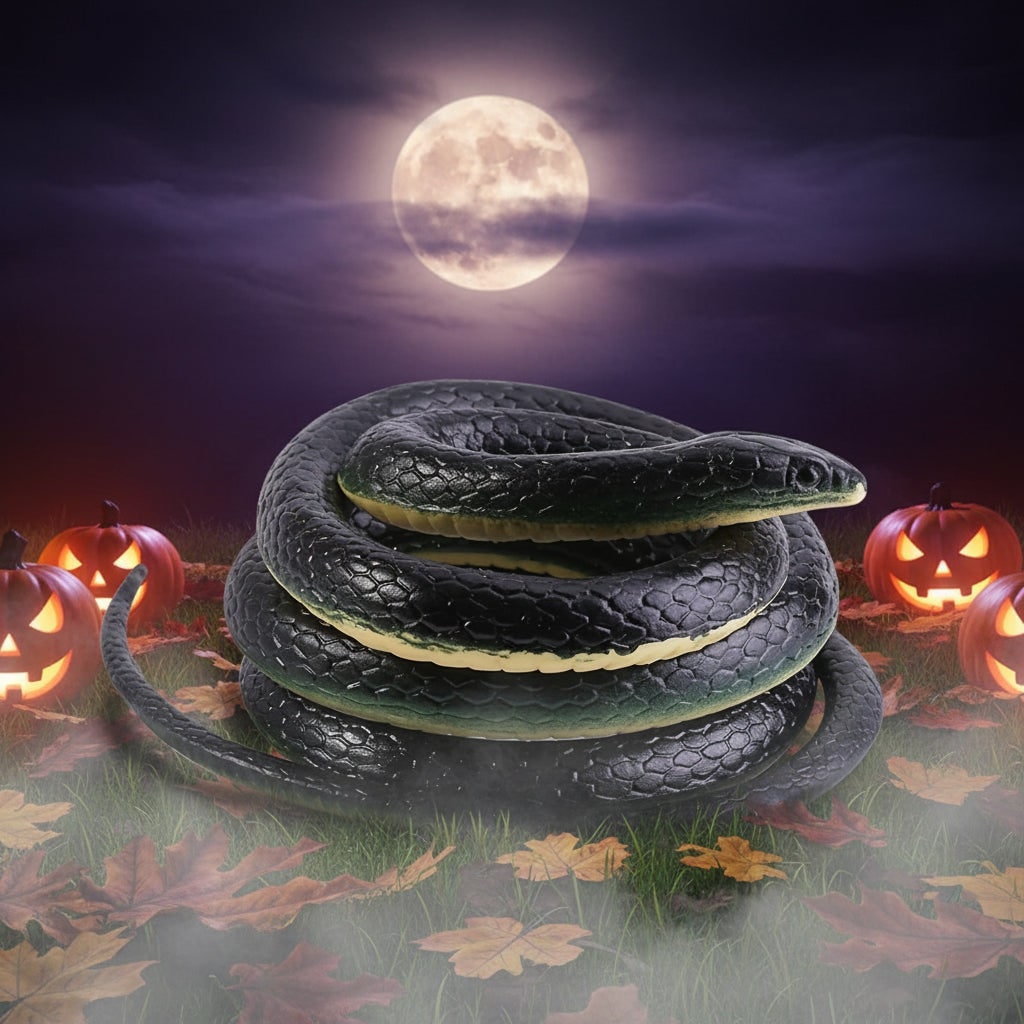 Halloweenový gumový had - žertovná hračka s realistickým šupinatým vzorem, tmavým hřbetem a světle žlutou spodní stranou
